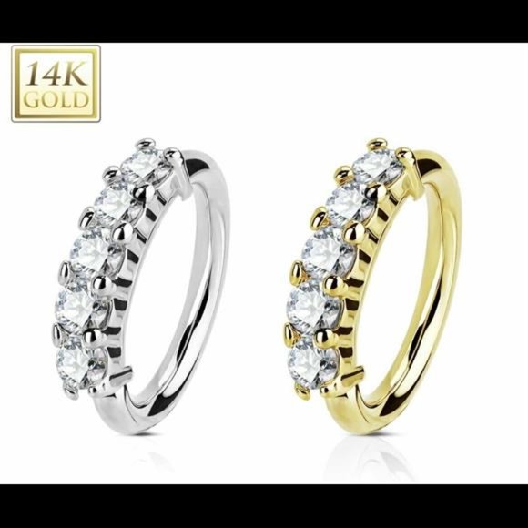 14kt 3D Diamond Nose Hoop 5 Cubic Zirconia Stones Made Of 14kt Solid Gold - Picture 2 of 4